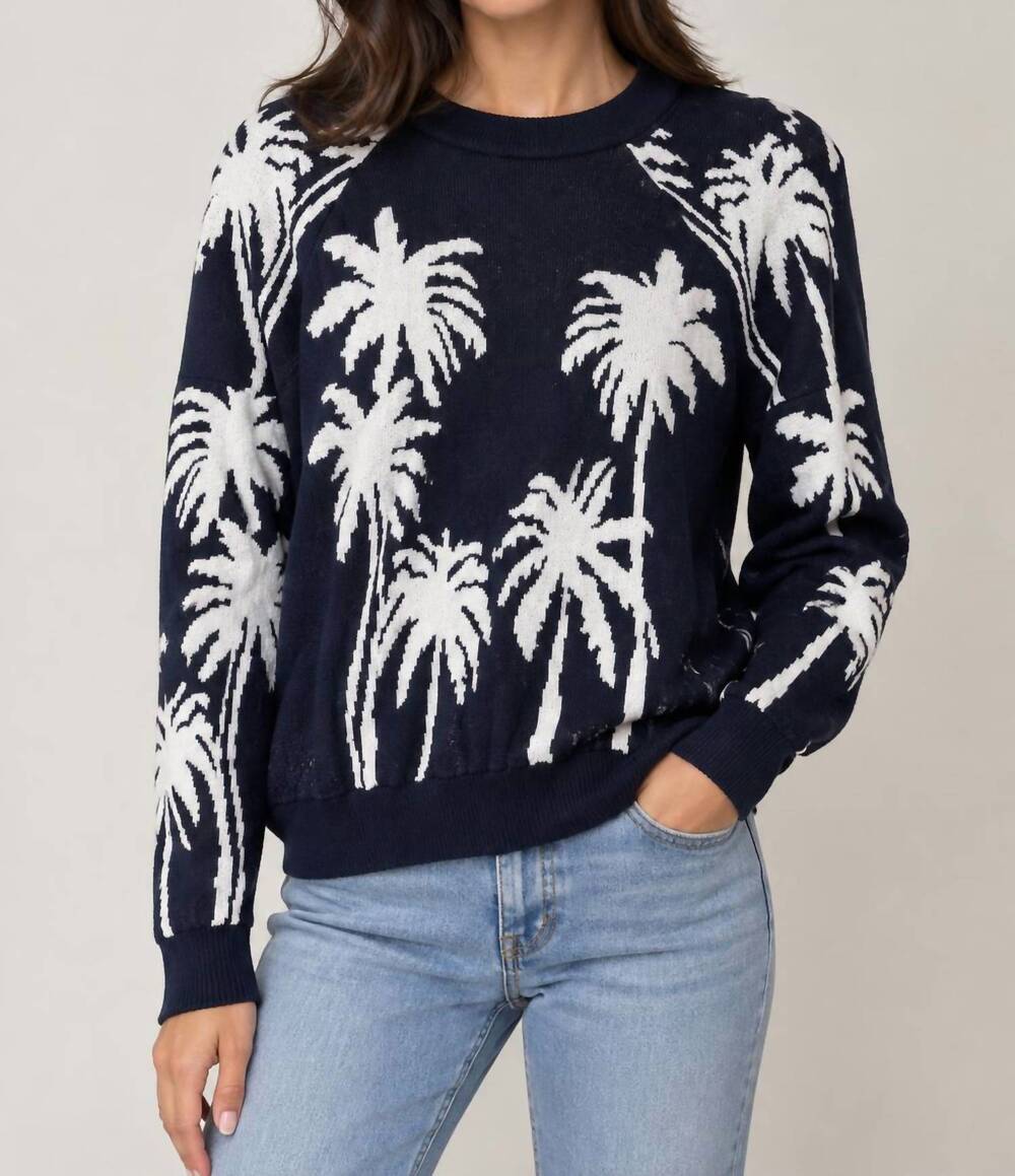 NEW MINNIE ROSE palm tree reversible sweater in navy/white